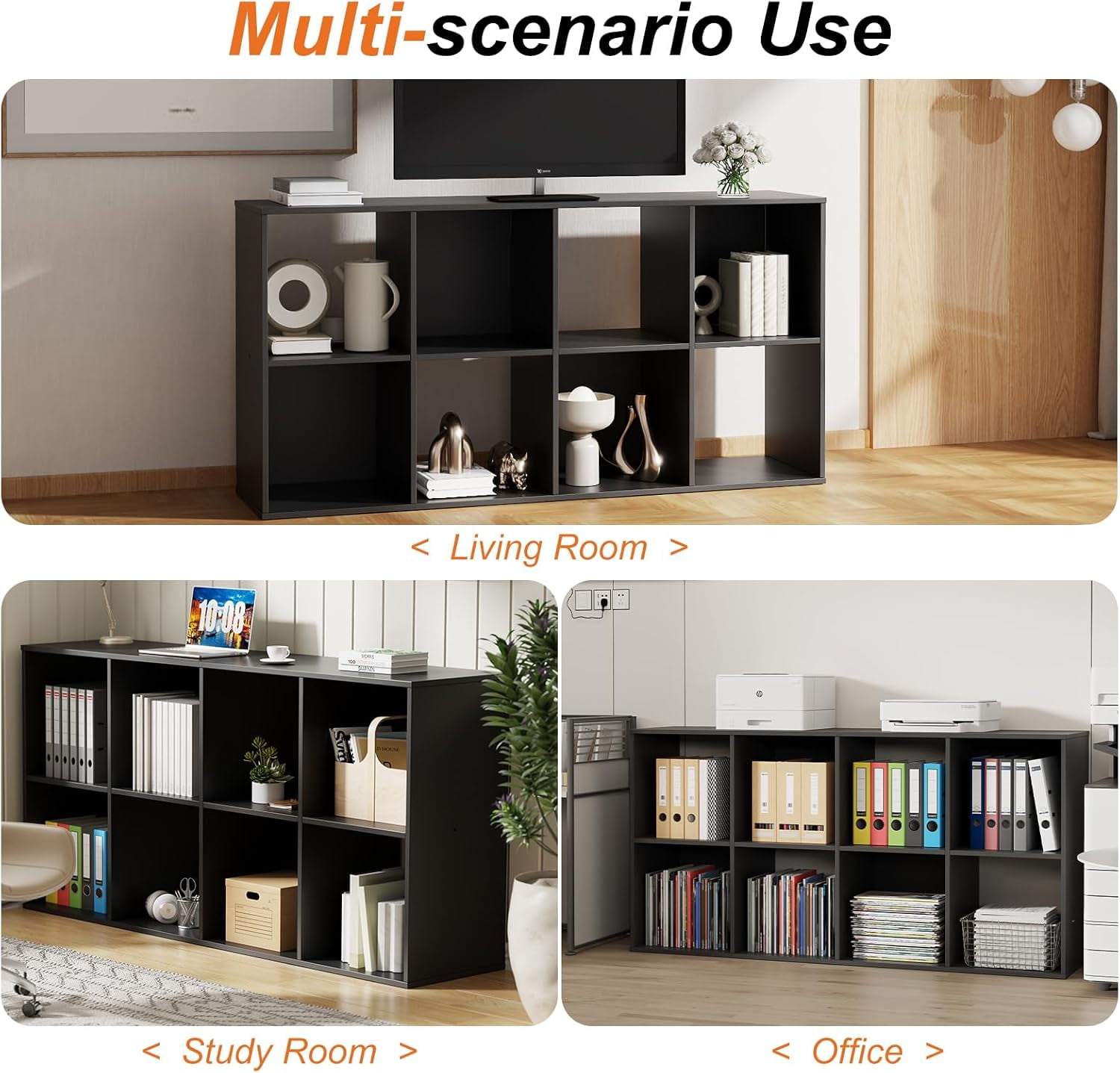 Black Cube Storage Unit, 4-tier Bookcase with 8 Cube Storage Unit, Open Display Bookcase with Removable Back Panels for Living Room, Home Office, Bedroom,