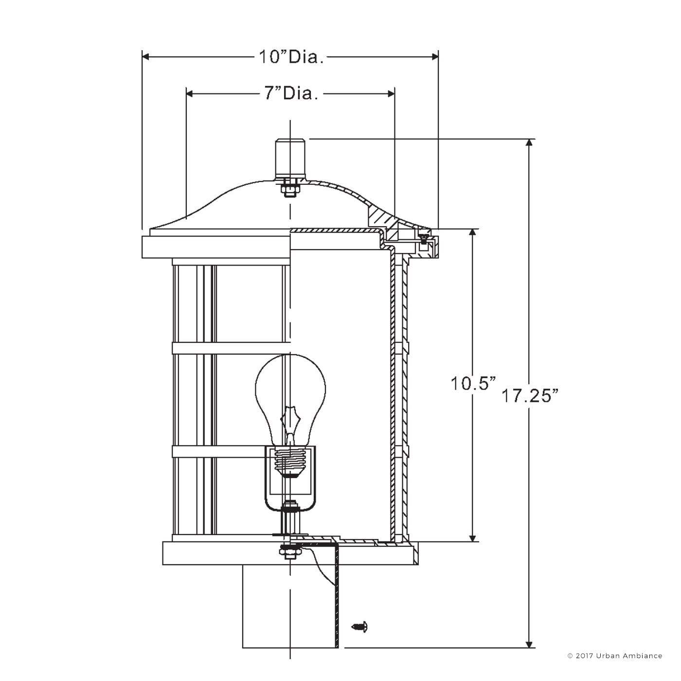 Urban Ambiance Luxury Craftsman Outdoor Post Light, Medium Size: 17.25"H x 10"W, with Tudor Style Elements, Wrought Iron Design, Natural Black Finish and Seeded Glass, UQL1046