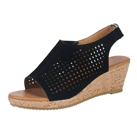 

Gzea Womens Casual Sandals Large Size Fish Mouth Sandals Women s New Summer Hollow Wedge Heel One Word Buckle Sandals Summer Sandals Black 39