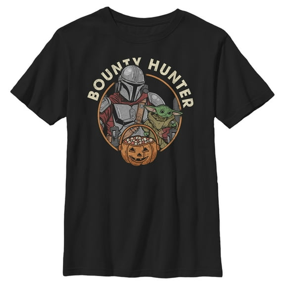 Boy's Star Wars: The Mandalorian Halloween Candy Bounty Hunter Din Djarin and Grogu  Graphic Tee Black Large