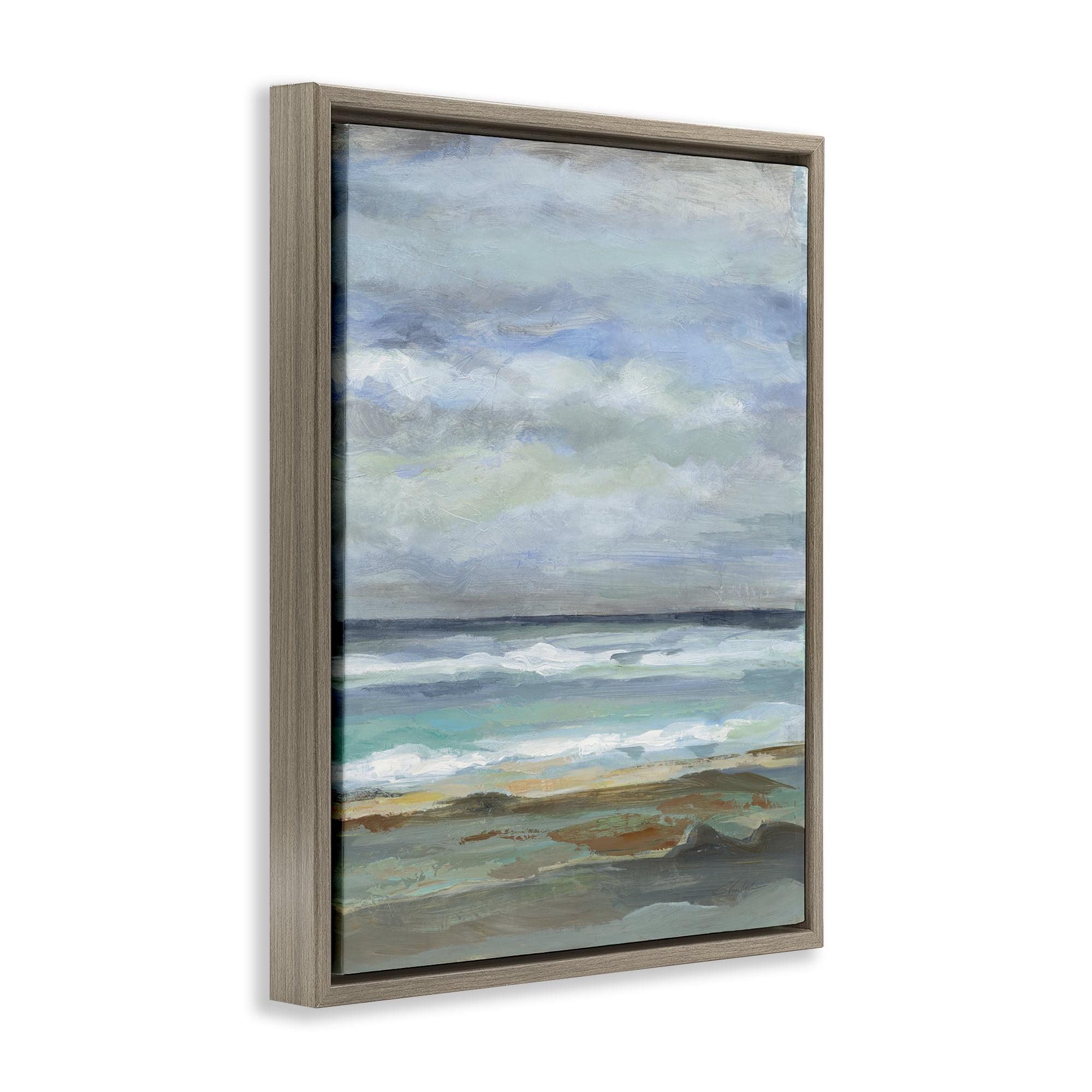 Stupell Industries Double Wave Seashore Nautical & Beach Painting Brown Floater Framed Canvas Art Print Wall Art, 25 x 31
