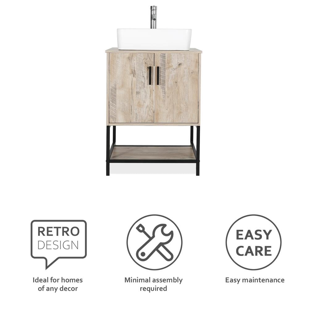 Eclife 24" Farmhouse Bathroom Vanity with Rustic Oak Wood Top,White Ceramic Sink, Water Save Faucet,Solid Brass Pop Up Drain