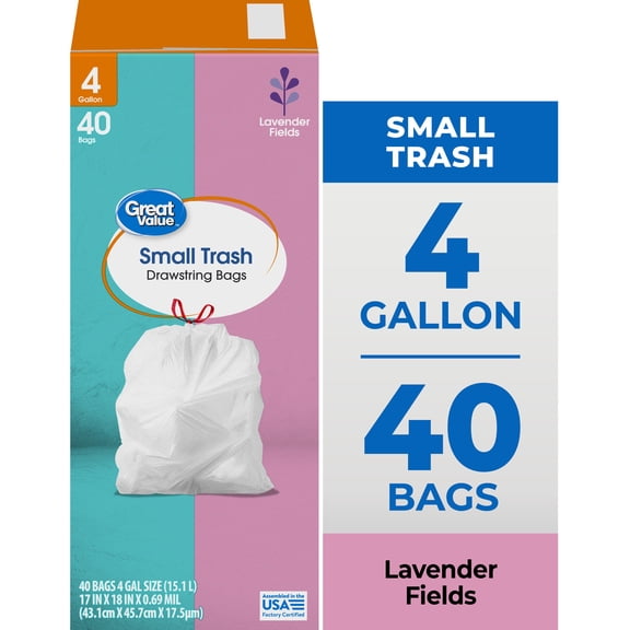 Great Value Drawstring Trash Bags 4 Gallon White Lavender Fields, 40 Bags
