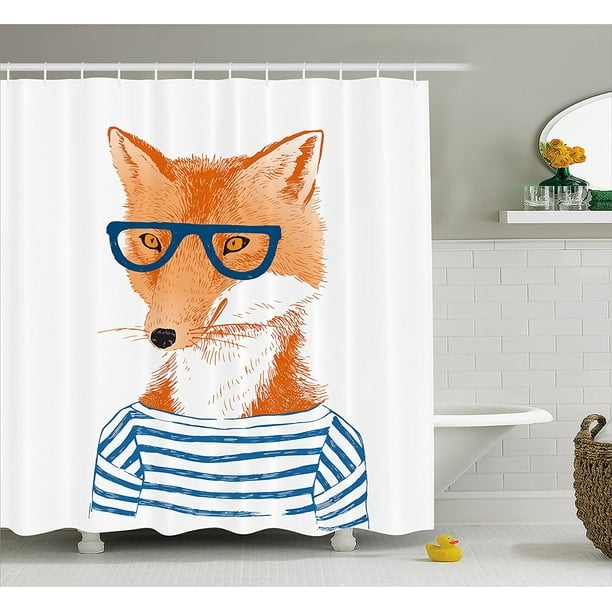 Modern Shower Curtain by , Hipster Woman Fox with Glasses and Striped Shirt  Humor Character Animal Print, Fabric Bathroom Decor Set with Hooks, 84  Inches Extra Long, Blue Orange White By Ambesonne 