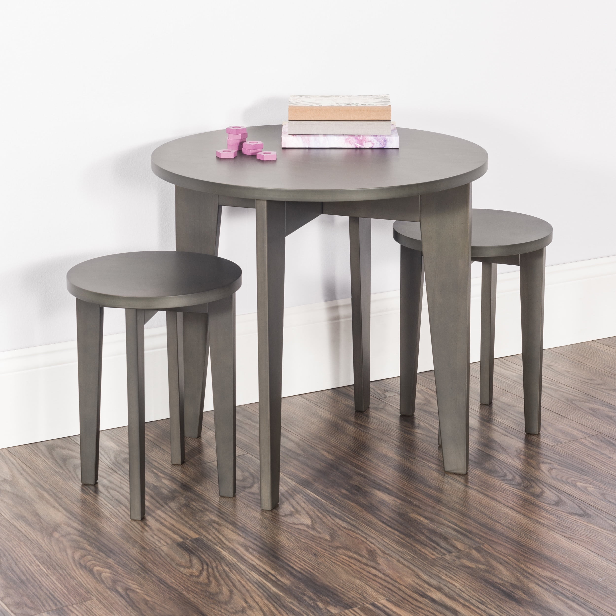 Forever Eclectic Geo Kids Round Wood Table and Chair Set (2 Stools Included), Dapper Gray
