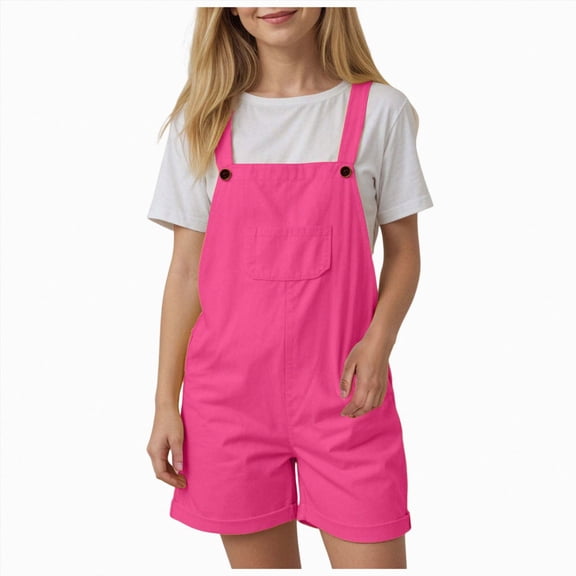 BOBOGOJP Girls Overall Shorts Kids Casual Strap Elastic Waist Overalls Rompers with Pockets 5-14Y Pink for Size 7-8 Years