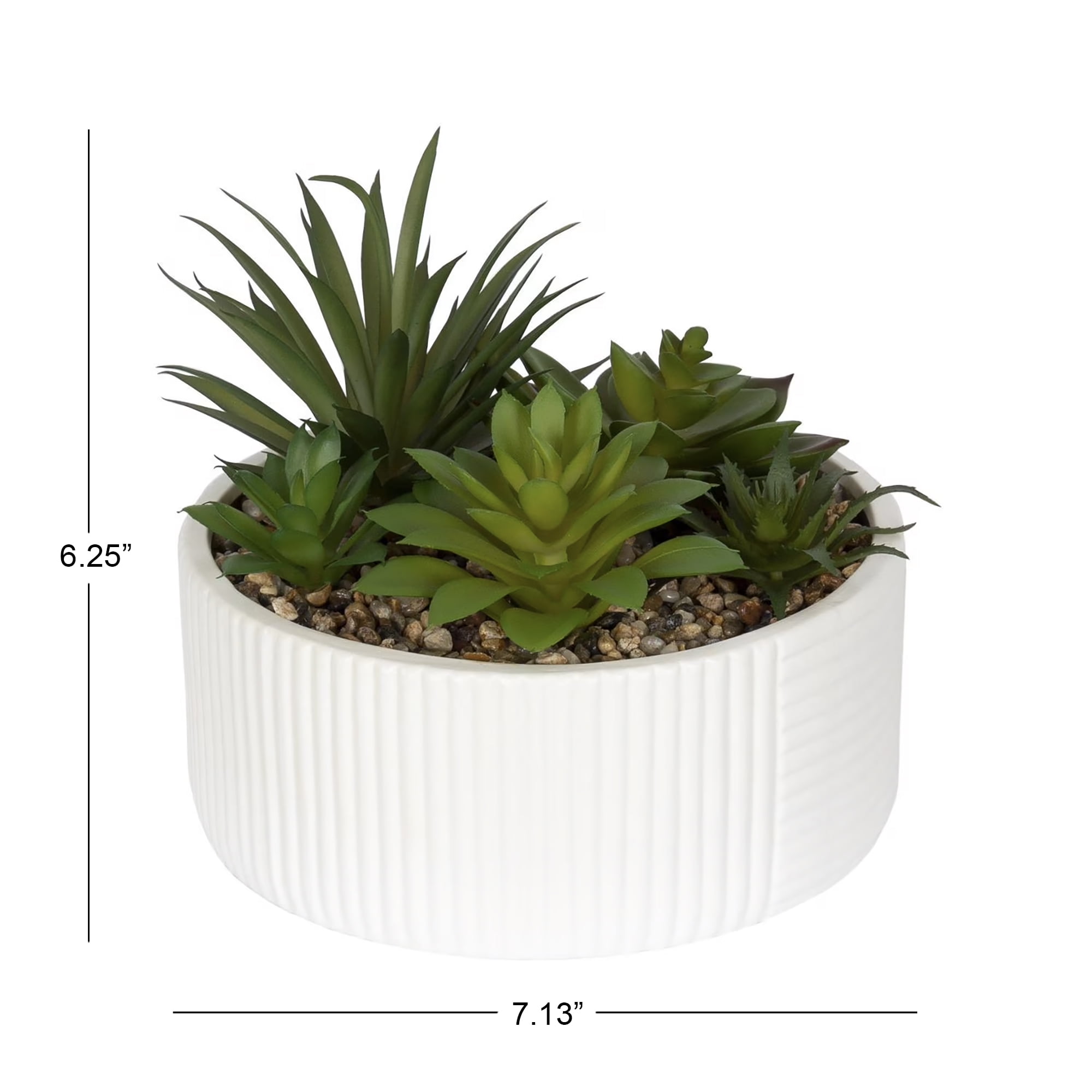 DesignOvation 6.25"H Tabletop Artificial Succulents in White Ribbed Pot, 7.13in W x 6.25in H x 7.13in D