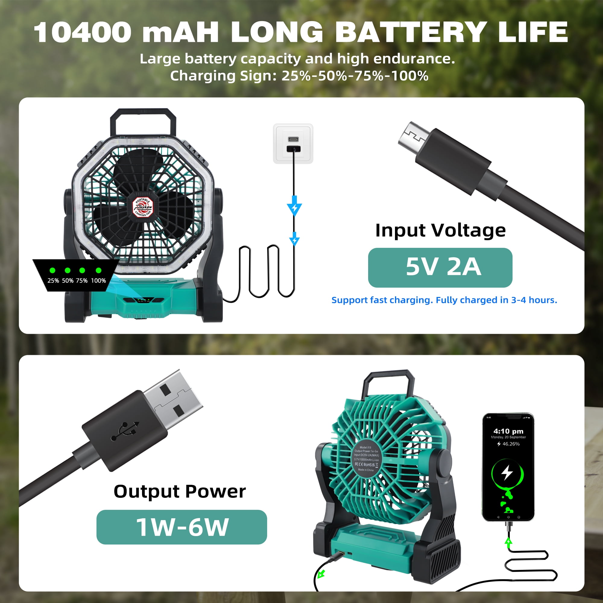 Roykaw Portable Fan for Travel, 10400 mAH Rechargeable Camping Fan, Cordless Battery Powered Fan with Led Light, Battery Fan with Handle, Hang Hook for Tent, Fishing, Hurricane Fan for Bedroom, Green