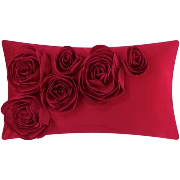 JWH 3D Red Velvet Rose Flower Throw Pillow Covers for Modern Home Living Room and Gift Room Decor Gift 12x20inch Red