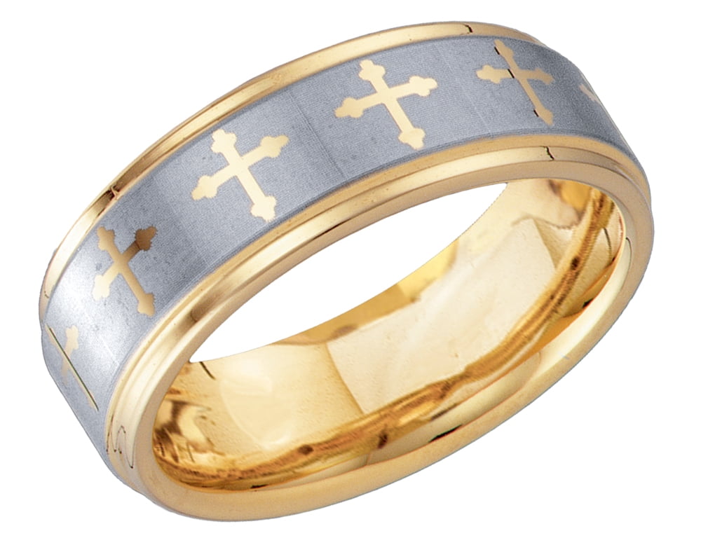 Gem And Harmony Mens Wedding Band in Tungsten with Gold Plating