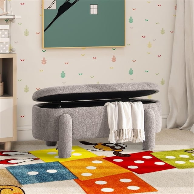 Pemberly Row 49" Oval Fully Upholstered Storage Bench in Speckled Beige Boucle