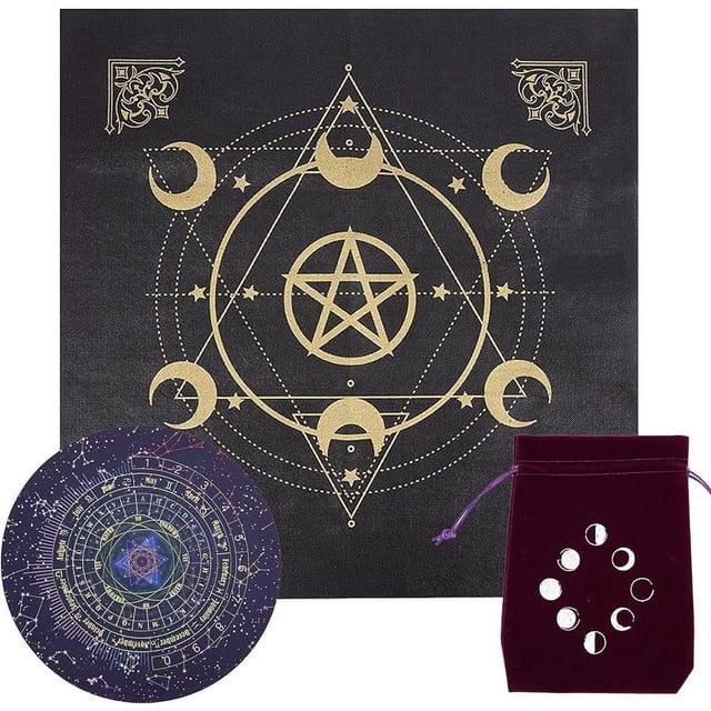 Kit de mantel de pentagrama para altar, tapiz, mantel, tapetes de péndulo, almohadilla de adivinación, paño espiritual con bolsa de cartas de tarot, suministros de brujería de tarot celestial