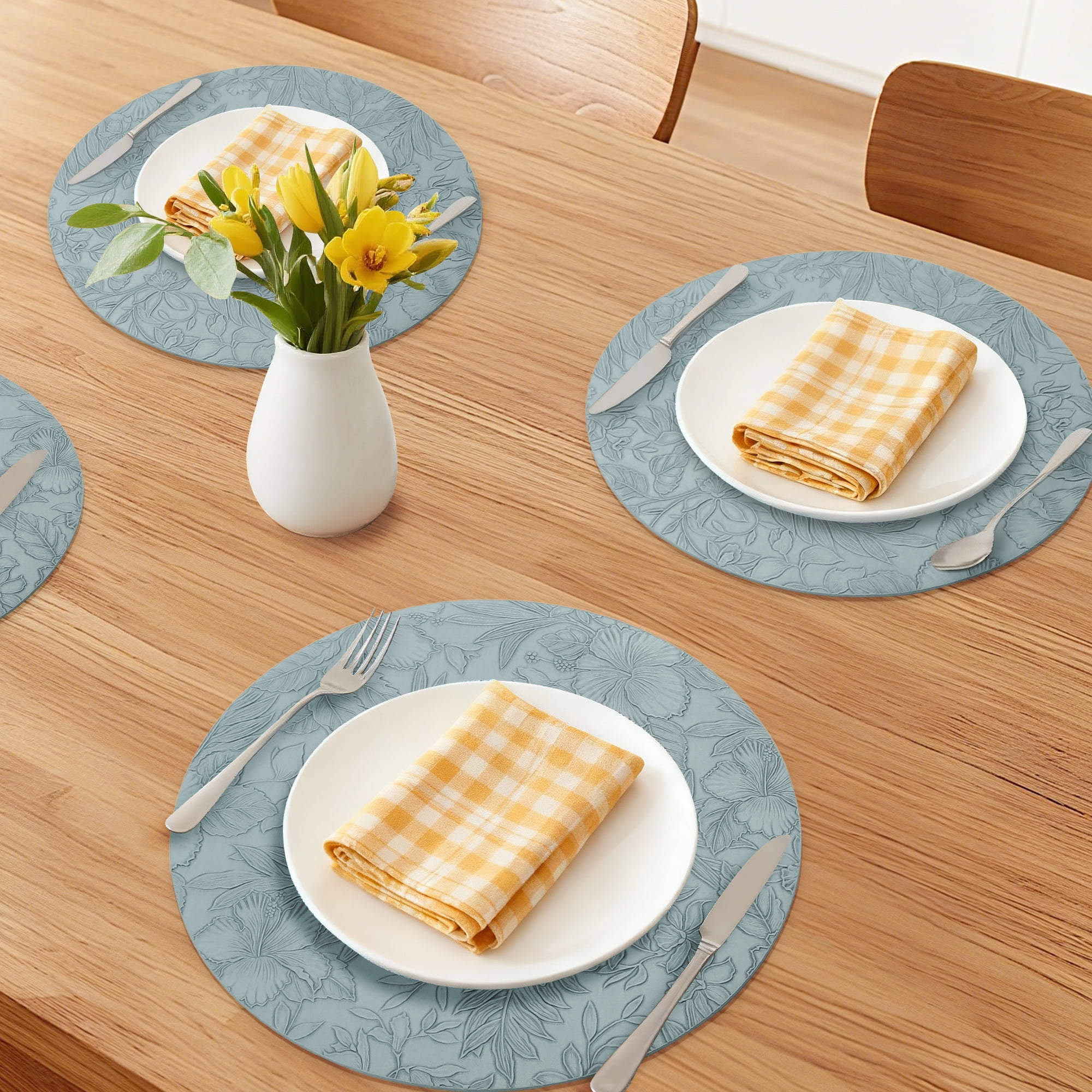 Unique Bargains Set of 6 Leather Round Placemats for Kitchen Dining Table Blue