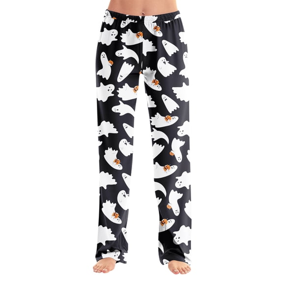 QWKLEAJ Halloween Pajama Pants Women Adult Loose Lounge Sleepwear Pumpkin Ghost Print Elastic Waist Comfortable Holiday Party Nightwear Cozy Long Trousers Festive Autumn Winter Home Wear
