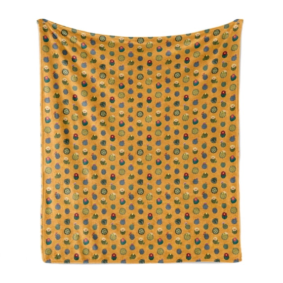 Succulent Soft Flannel Fleece Blanket, Summer Fun Botany Pattern of Exotic Floral Cactus Plants Repetition, Cozy Plush for Indoor and Outdoor Use, 60" x 80", Marigold and Multicolor, by Ambesonne