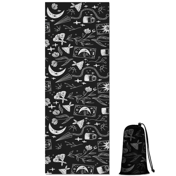 Black Tarot Moon Moth Pattern Hot Yoga Mat Towel Non Slip for Hot Yoga - Quick-Drying Yoga Mat Cover with 4 Corner Pockets with Travel Bag - Hot Yoga Towel Non Slip 70"x26"