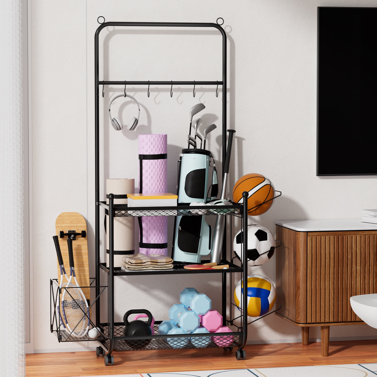 Dumbbell Rack Stand, Yoga Mat Storage Rack, Home Gym Weight Rack for Kettlebells Foam Roller, Workout Equipment Organizer with Hooks and Wheels