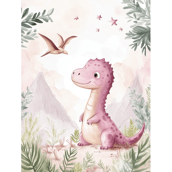 Cute Dinosaur Watercolor Wall Art/Canvas Print, Suitable for Living Room, Bedroom, Nursery, Playroom, and Office Decoration.