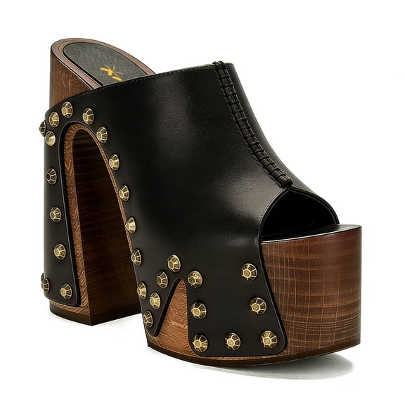 XYD Women Wooden Chunky Heel Clog Mules Platform Brass Studs Open Toe Block Sandals Vintage Parties Shoes Size 7 Black