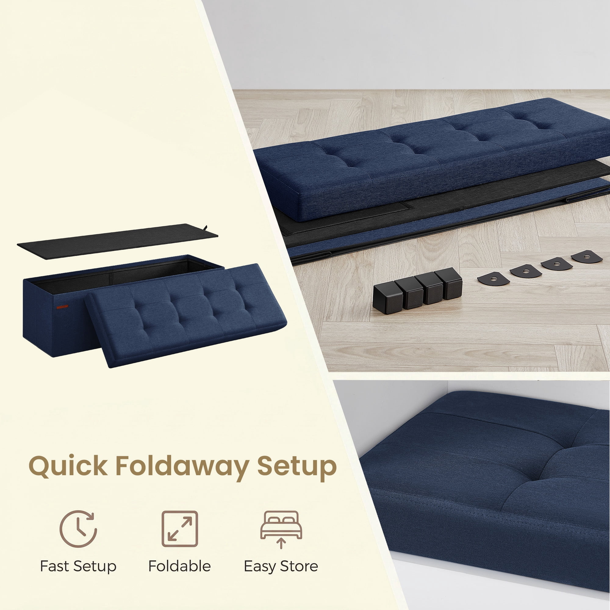 Ledrem Midnight Blue Linenette Fabric Folding Storage Ottoman Bench with Footrest, Large