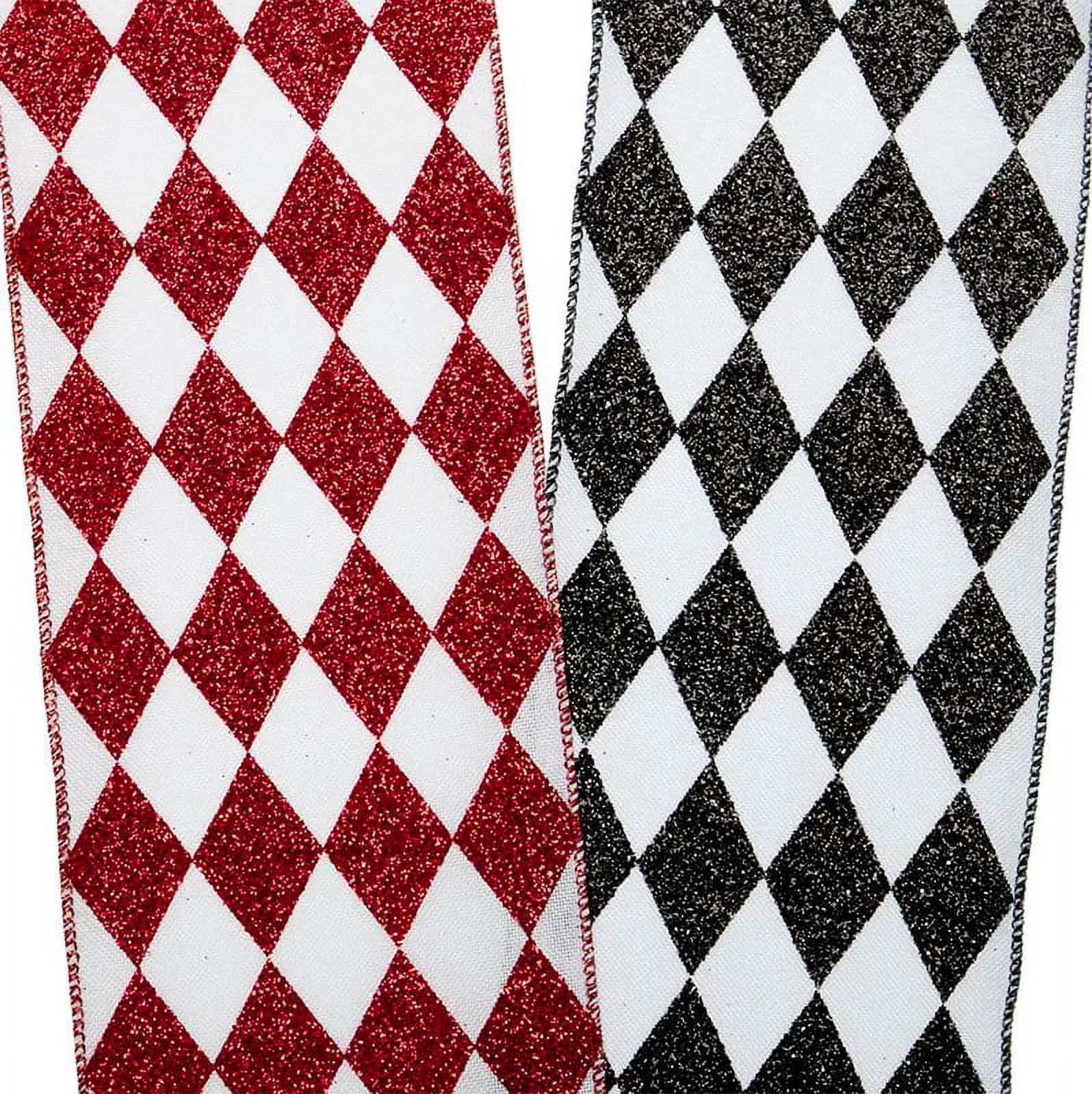 Red White Diamonds Harlequin Ribbon - 4" x 10 Yards, Argyle, Red Wire Edged, Glitter, Valentine's Day, Mardi Gras, Christmas, Wreath