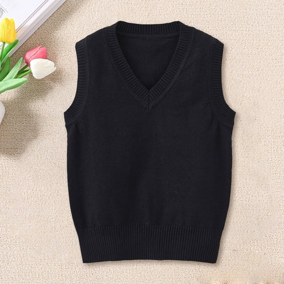 Toddler Sweater Vest, V Neck Comfort Boy Vest Knit Sweater, Knitted Sleeveless Pullover Girls Clothes Dress Vests Uniform Vest Boys Lightweight Stretch Waistcoat Classic Preppy Style Black