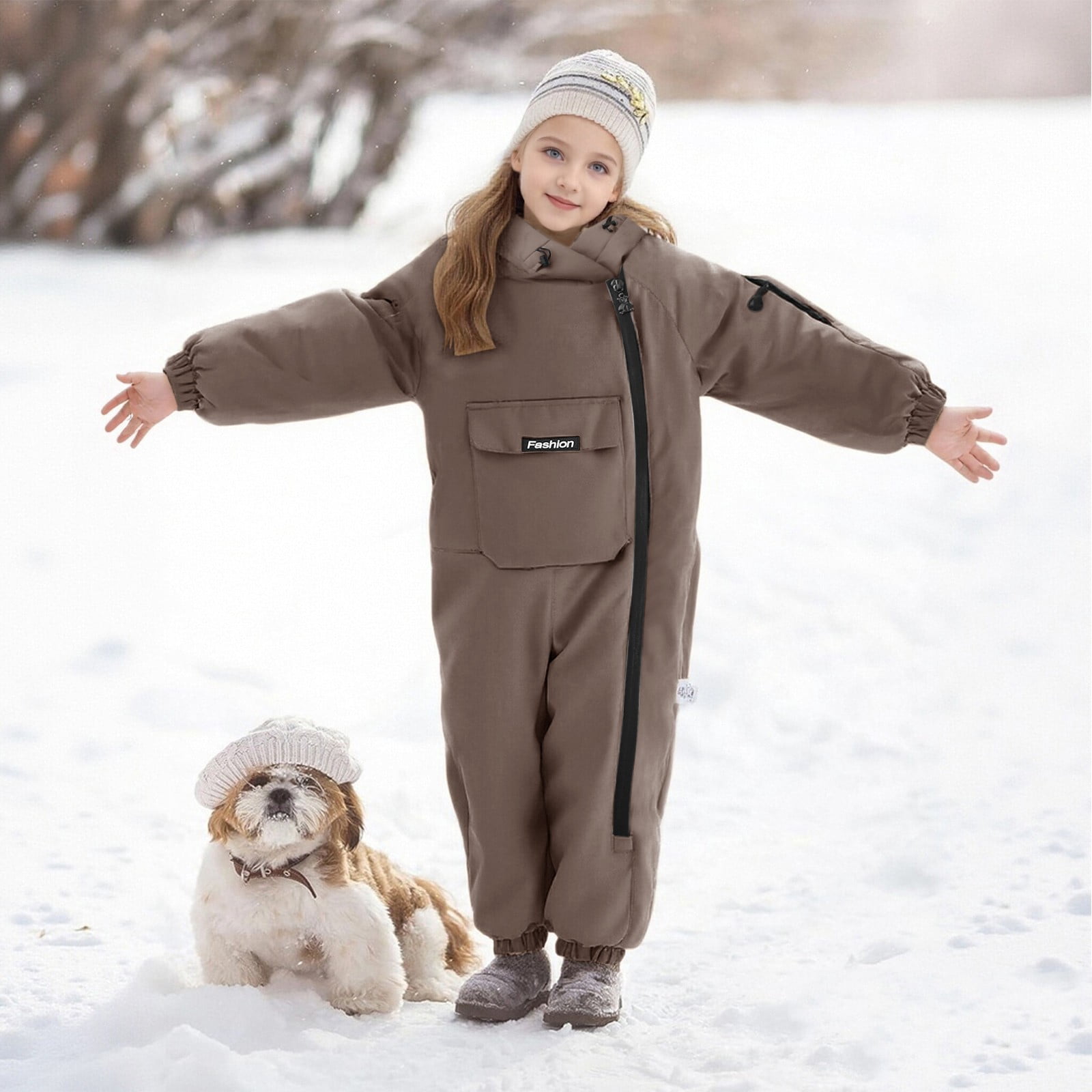 KAUOD Boys Girls One Piece Snowsuits Fleece-Lined Hooded Insulated Ski Jumpsuits Front Pockets Side Zipper Snowboard Suits
