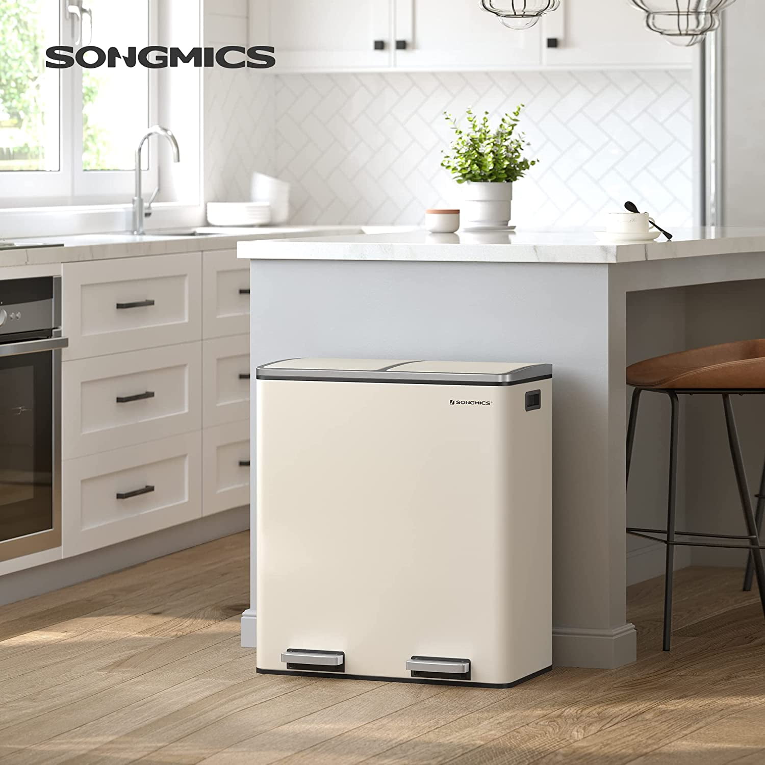 SONGMICS 16 Gallon (2 x 8 Gallon) Dual Compartment Garbage Can 60L Pedal  Recycling Bin 15 Trash Bags Included Black 