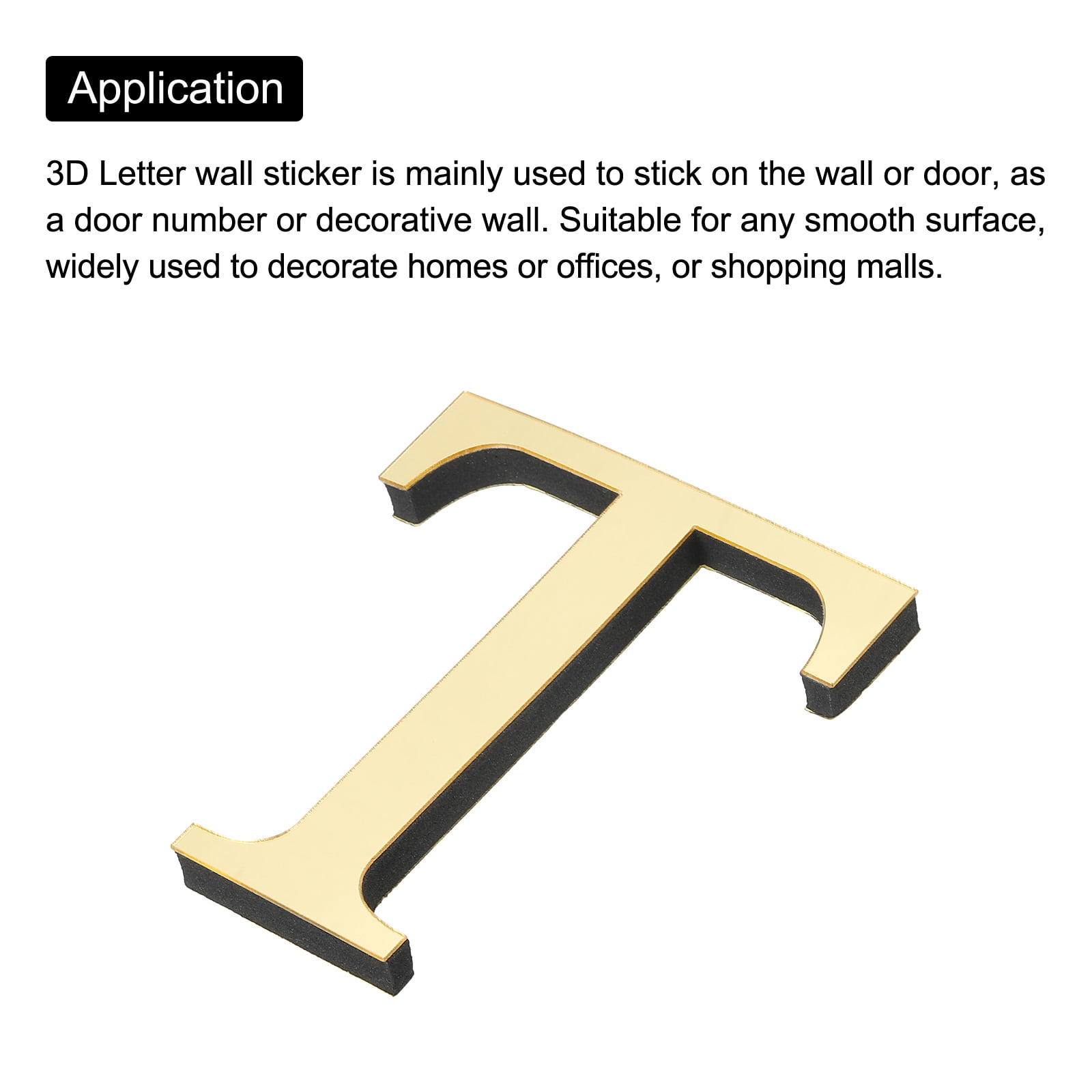 Unique Bargains 3D Acrylic Alphabet Mirror Wall Stickers Self-Adhesive Gold T Shape