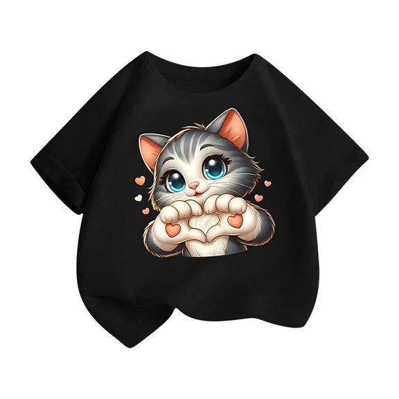 Girls Short Sleeve Breathable Summer T Shirt Cute Cat Print Kids Casual Tee Soft Fashion