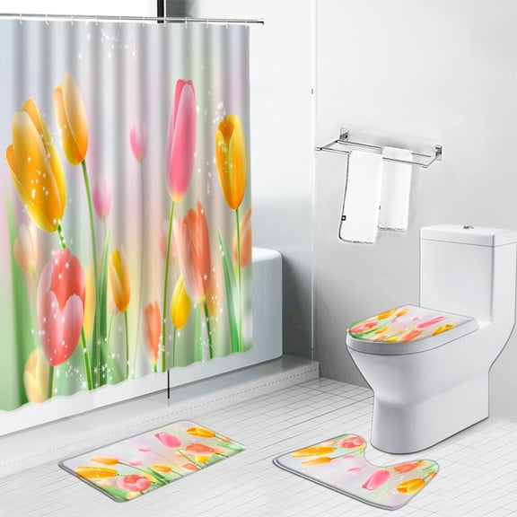 Tulip Flower Scenery Shower Curtain Set Bath Mats Rugs Floral Plant Pattern Bathroom Screens Print Non-Slip Rug Toilet Lid Cover