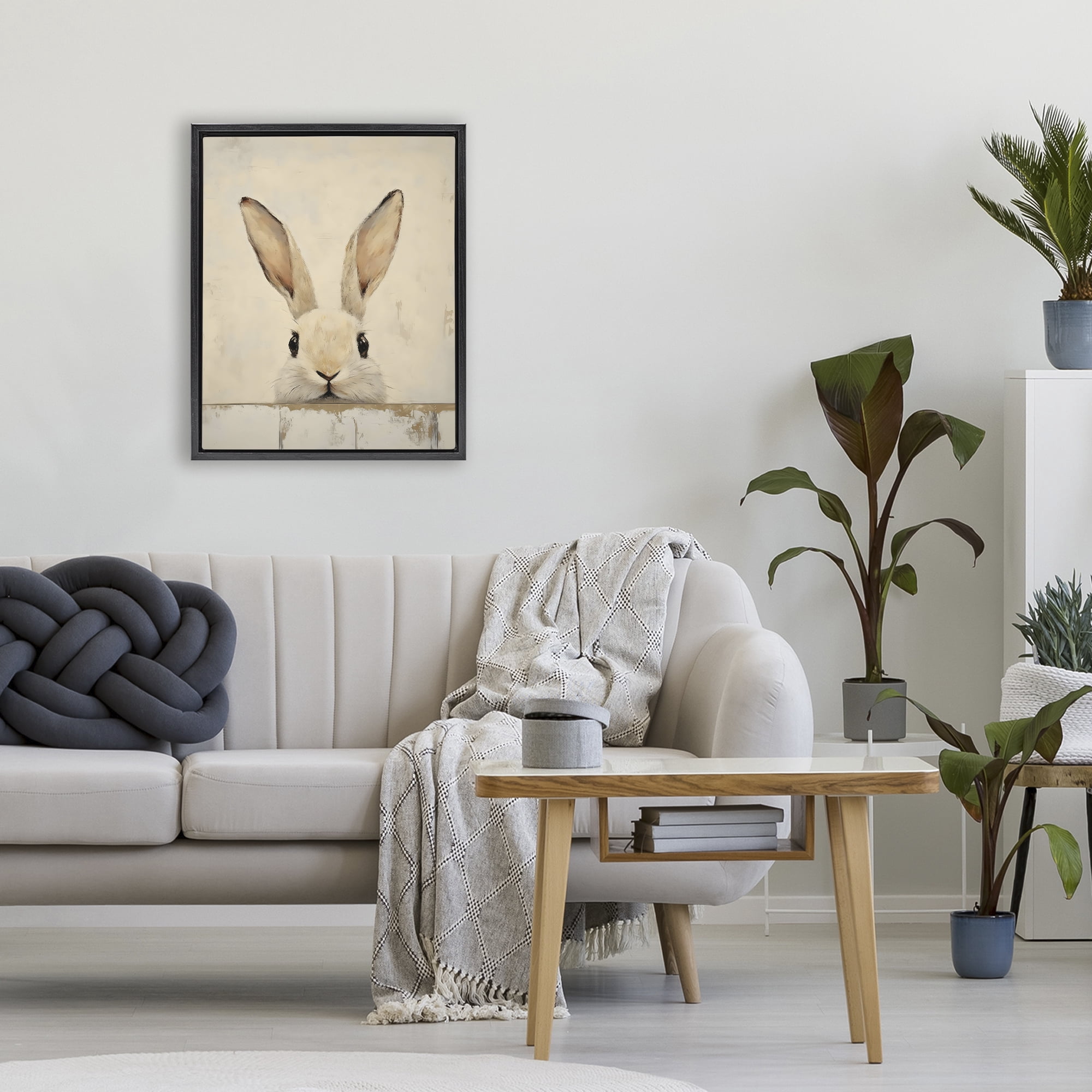 Stupell Industries Peeking Bunny in Soft Neutrals Black Framed Floater Canvas Wall Art, design by LSR Design Studio