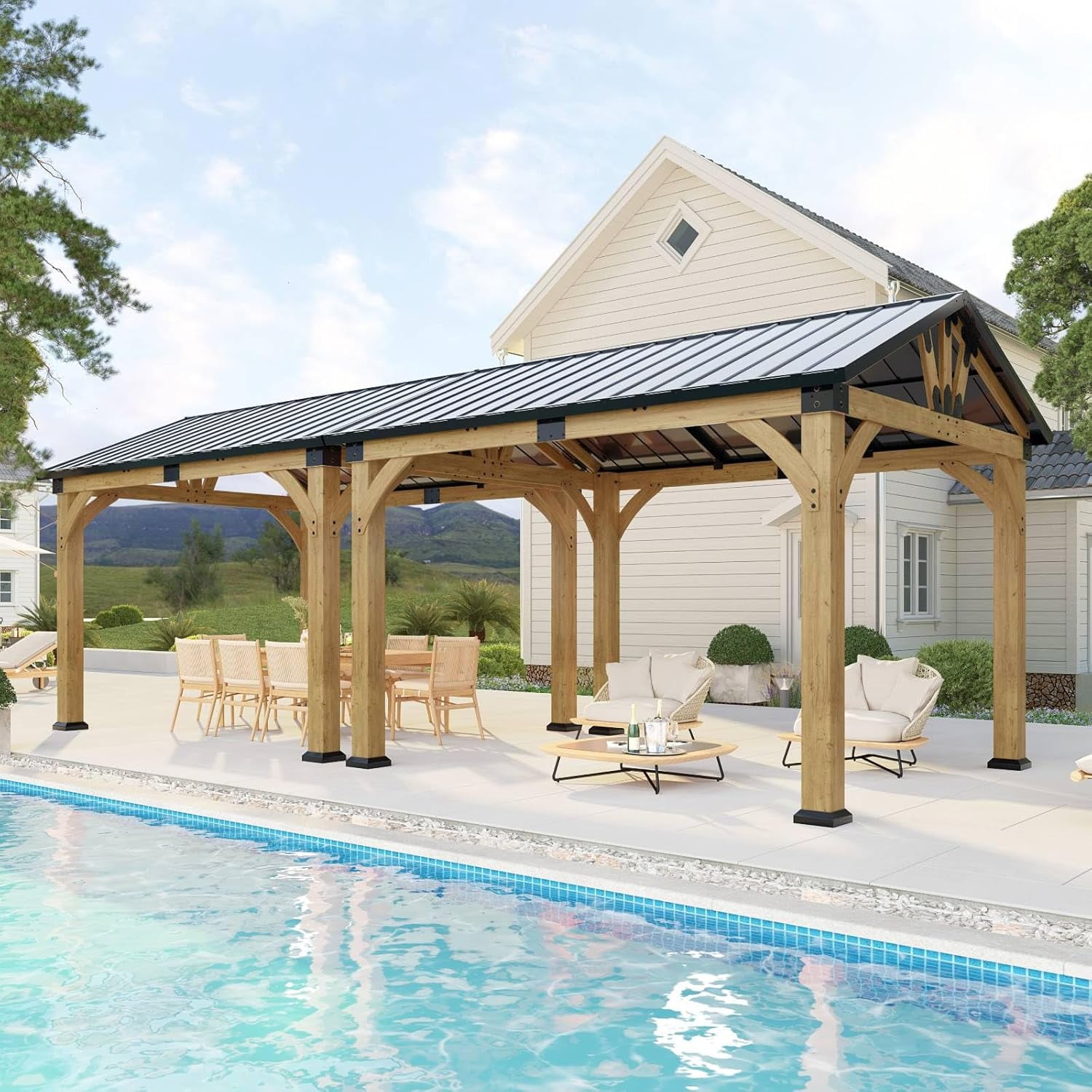10x24x9 FT Cedar Wood Carport with Steel Roof, Carport Canopy Heavy-Duty, Portable Garage with Snow & Wind Resistant for Patio, Driveway, Garden