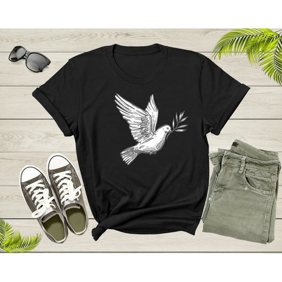 Flying White Dove Pigeon Bird with Olive Branch Peace Symbol T-Shirt Dove Lover Gift T Shirt for Men Women Kids Boys Girls Graphic Tshirt