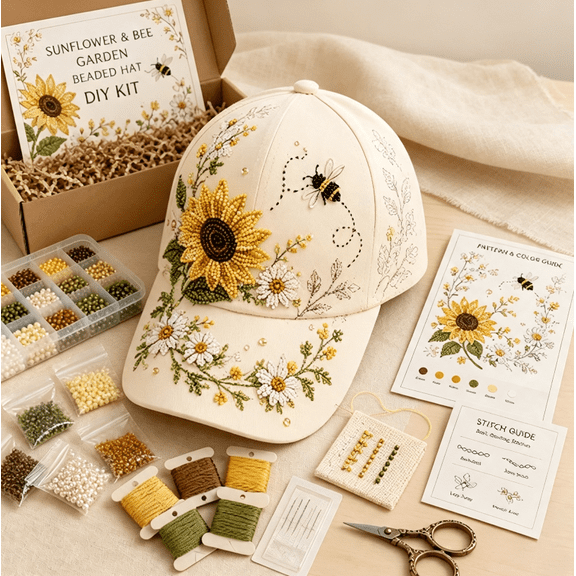 Hummingbird Beaded Hat DIY Kit, Nature Inspired Hand‑Embroidery Craft Pack, Full Set of Beading Tools and Pattern Papers for Stress‑Relieving Adult Hobby Activities