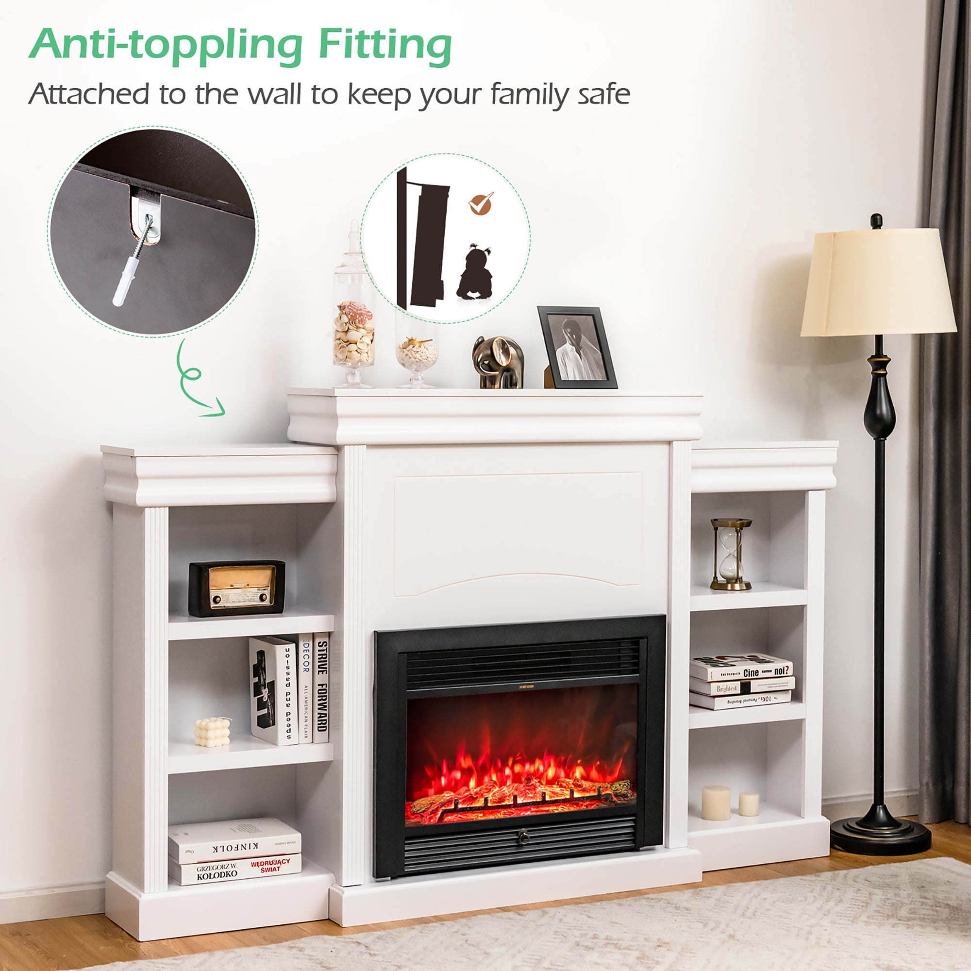 Costway 70'' Fireplace TV Stand Modern Media Entertainment Center Bookcase White