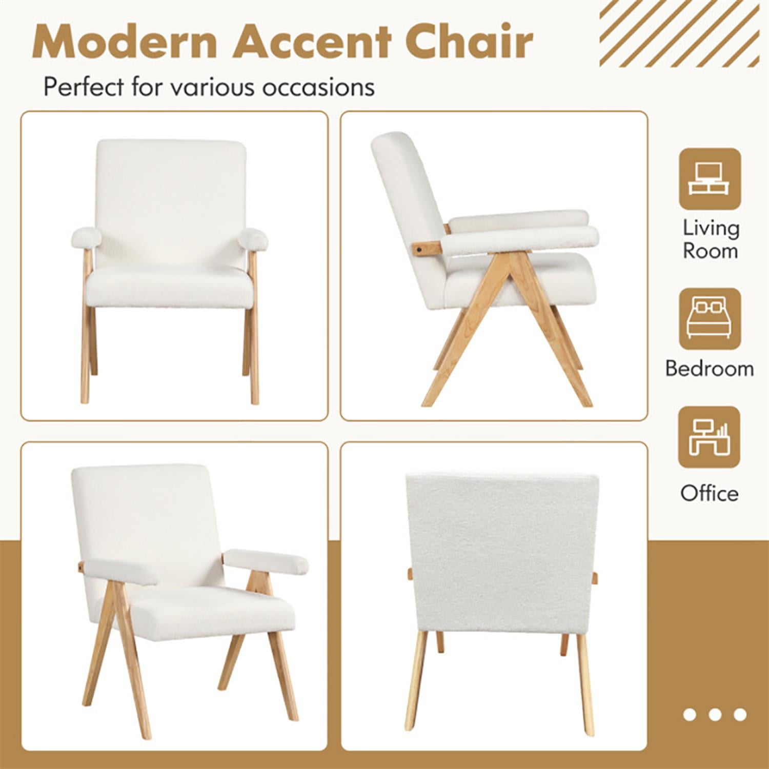 Demi Bonn Modern Accent Chair, Elegant Armchair with Rubber Wood Frame and Padded Armrests, Suitable for Living Room Bedroom Reception Room Office, White