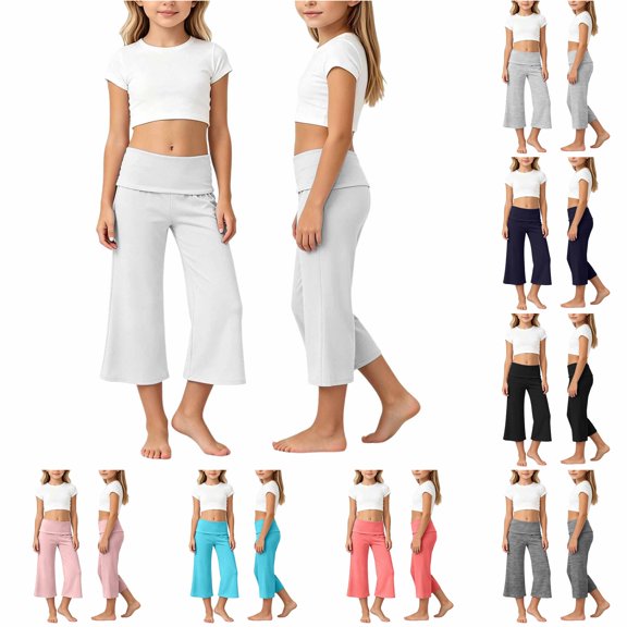 CUZIBR Girls Yoga Pants Solid Color Wide Leg Loose Casual Capris Pants For Toddler Kids Stretchy Soft Athletic Cropped Trousers Dance Gym Workout Loose Breathable Bottoms,White,11-12 Years
