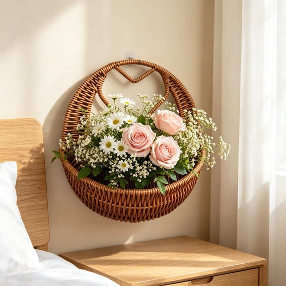 Cadancy Hanging Basket Woven Rattan Planter for Flowers Storage Decorative Heart Shaped Wall Mounted Organizer Bedroom Living Room Kitchen Farmhouse Home Decor
