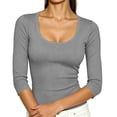 thumbnail image 4 of ABSUYY Womens Stretch Ribbed Layering Top, Solid Gray Scoop Neck 3/4 Sleeve Slim Fit Casual Knit Shirt,Size XL, 4 of 7