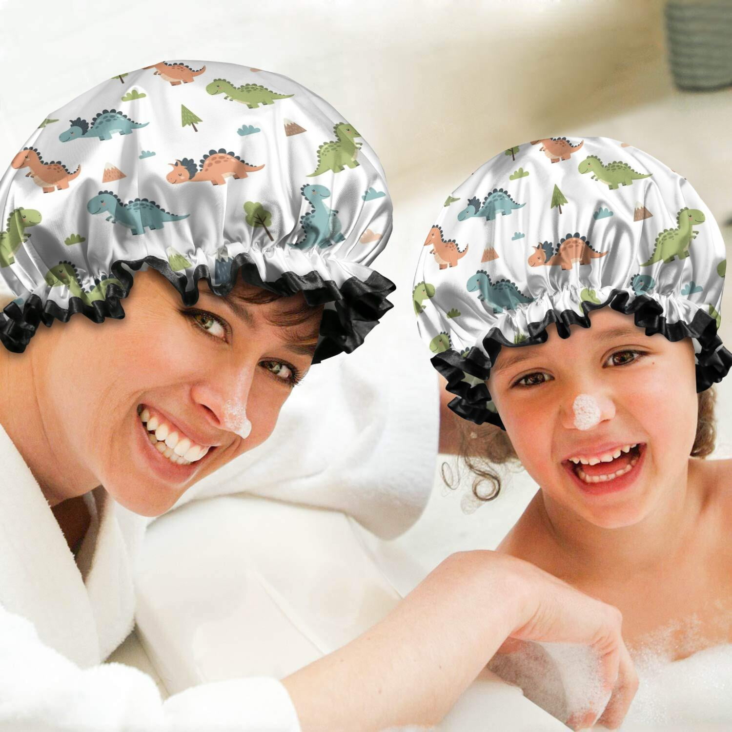 Shower Caps,White Dinosaurs Landscapes Pattern Waterproof Shower Cap for Women 4 Pieces,Double Reusable Hair Cover for Shower PEVA Elastic Stretch Hem