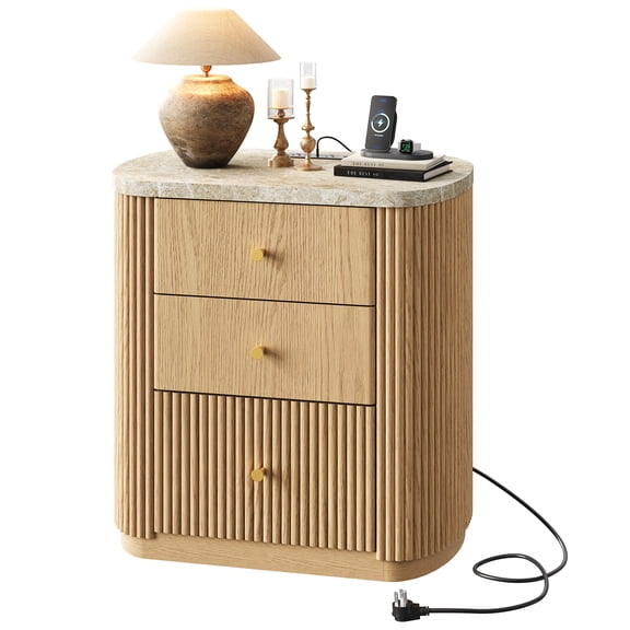 GALAXHERO Nightstand with Charging Station, 3 Drawers Bedside Table with Faux Marble Top, Fluted End Table for Bedroom Living Room,Oak