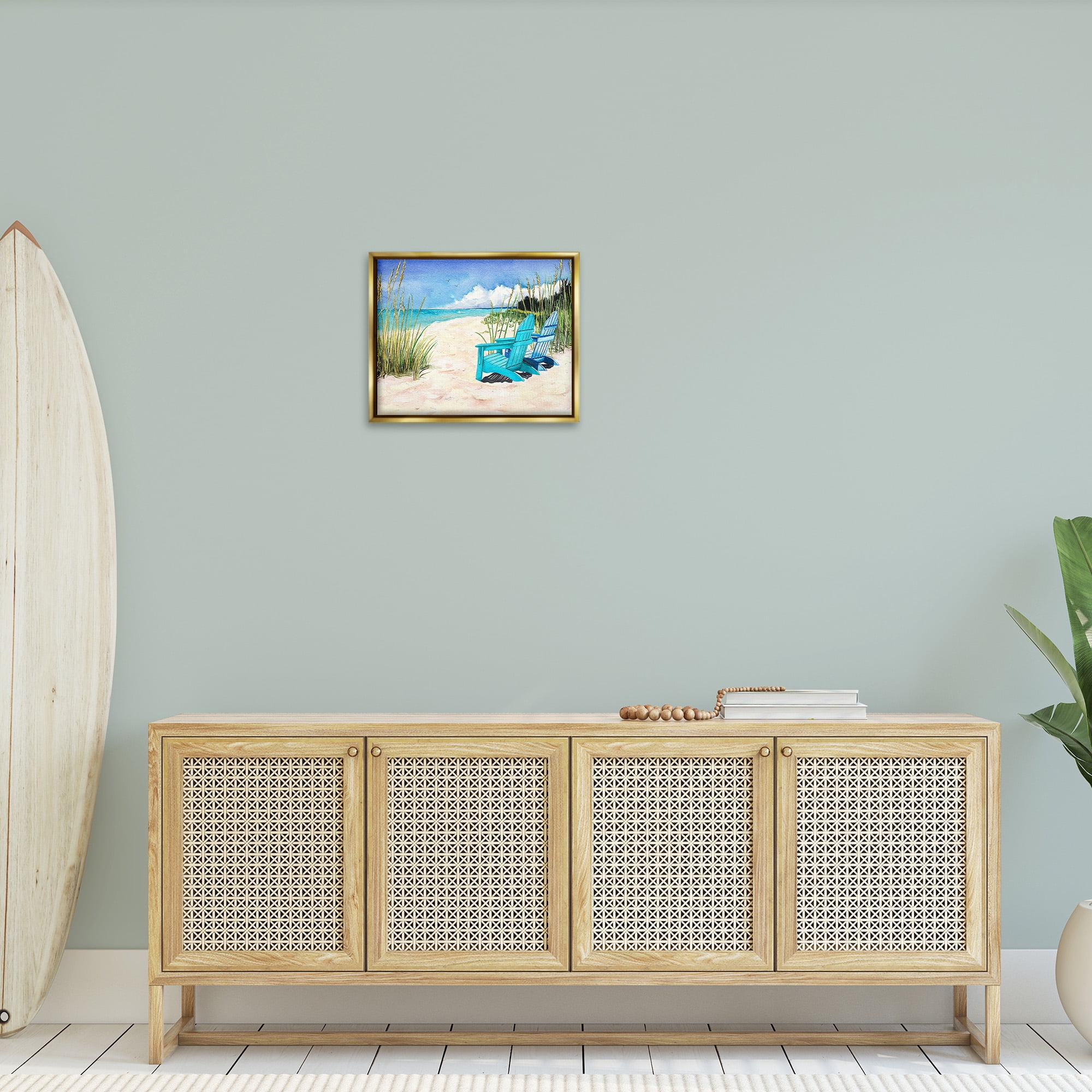 Stupell Industries Blue Beach Chairs Scene Landscape Painting Gold Floater Framed Canvas Art Print Wall Art, 21 x 17