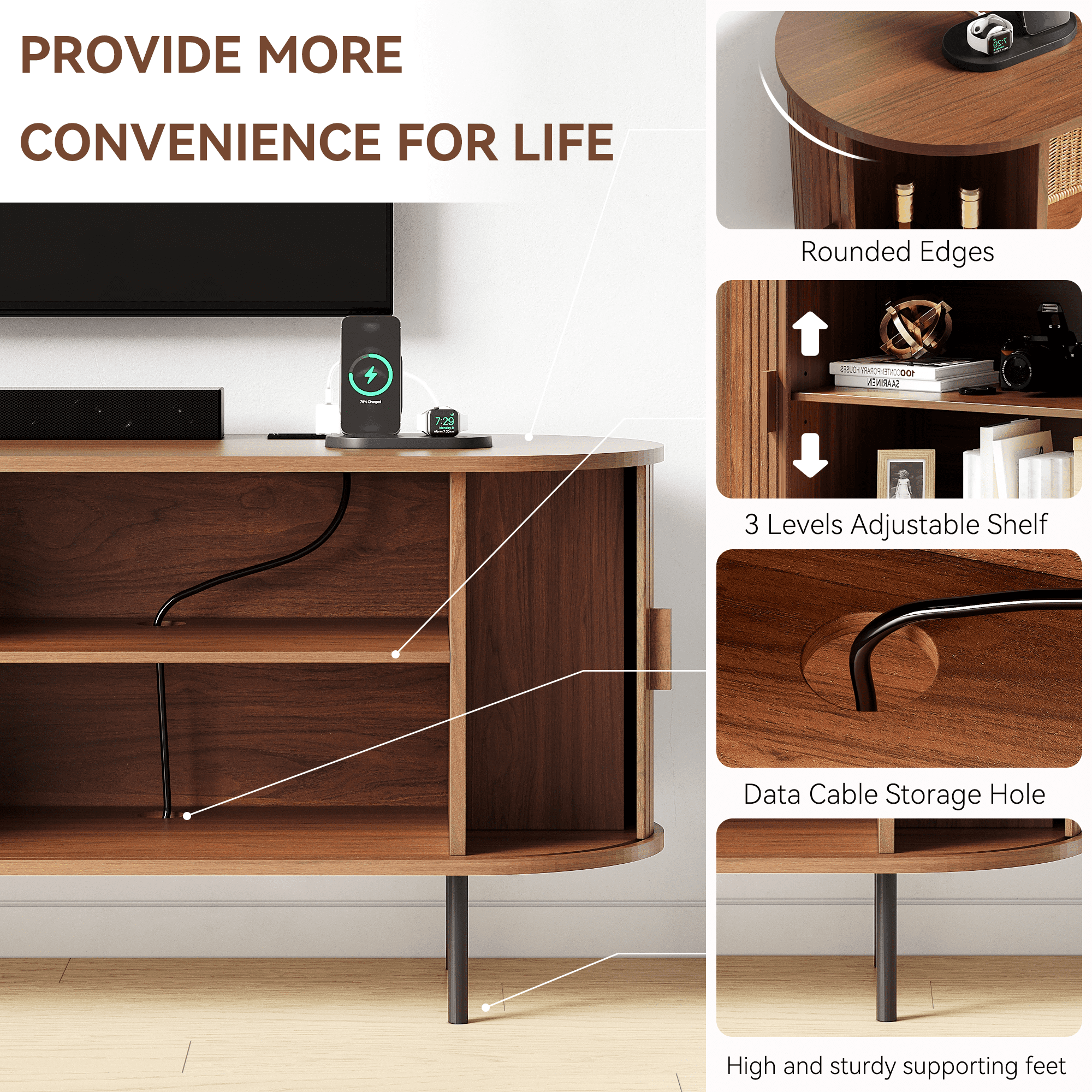 MARNUR 63" TV Stand for 70" TV, Wood Entertainment Center with Storage and Shelves, 2 Sliding Tambour Doors, Mid-Century Modern, Walnut
