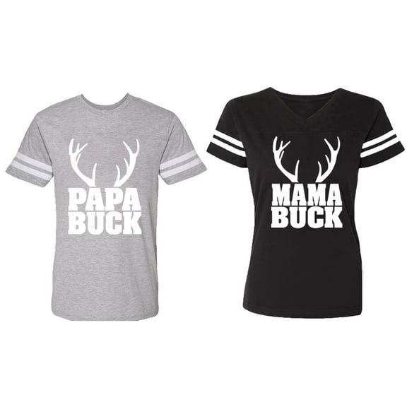 Papa Mama Buck Matching Couple Cotton Jerseys (Men Heather / Women Black) (Men S / Women S)