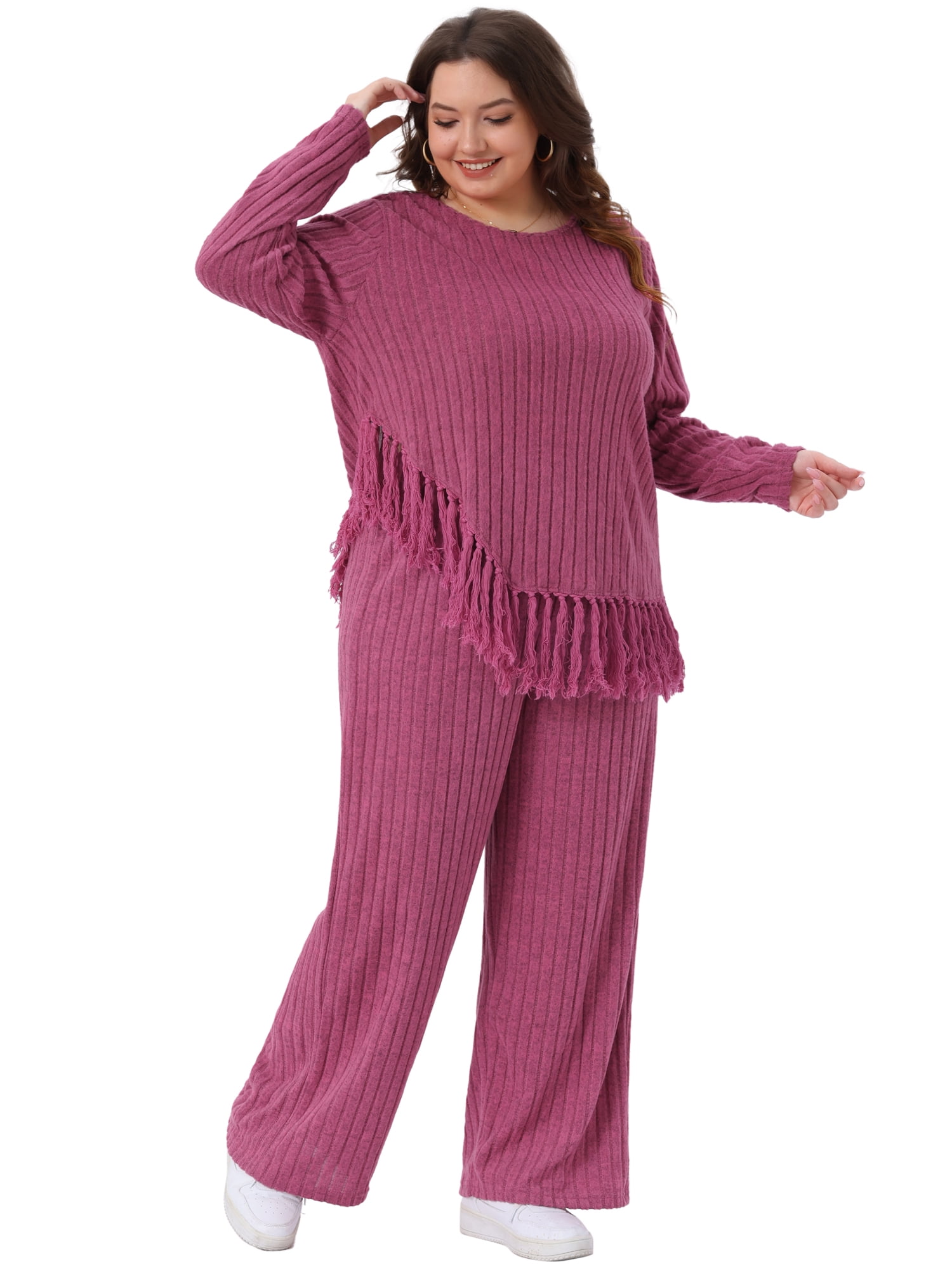 DARING DIVA Women's Plus 2 Pieces Lounge Set Crew Neck Long Sleeve Rose Red 2X