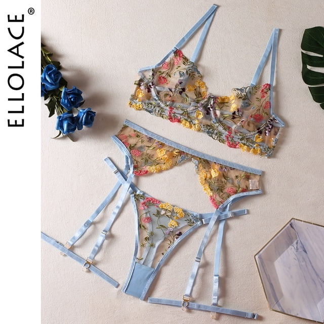 Lencería Ellolace, ropa interior de encaje sensual, bordado transparente, ligas de 3 piezas, bonitos y bonitos kits de cuidado de la piel íntimos Tan Jianjun unisex