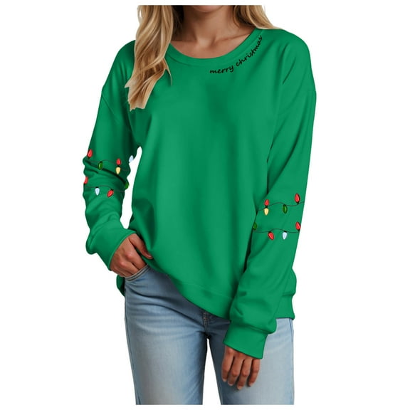zaveiop Christmas Sweatshirt Women Christmas Light Sweatshirts Merry and Bright Xmas Long Sleeve Shirts Crewneck Pullover Tops (Green, XL)
