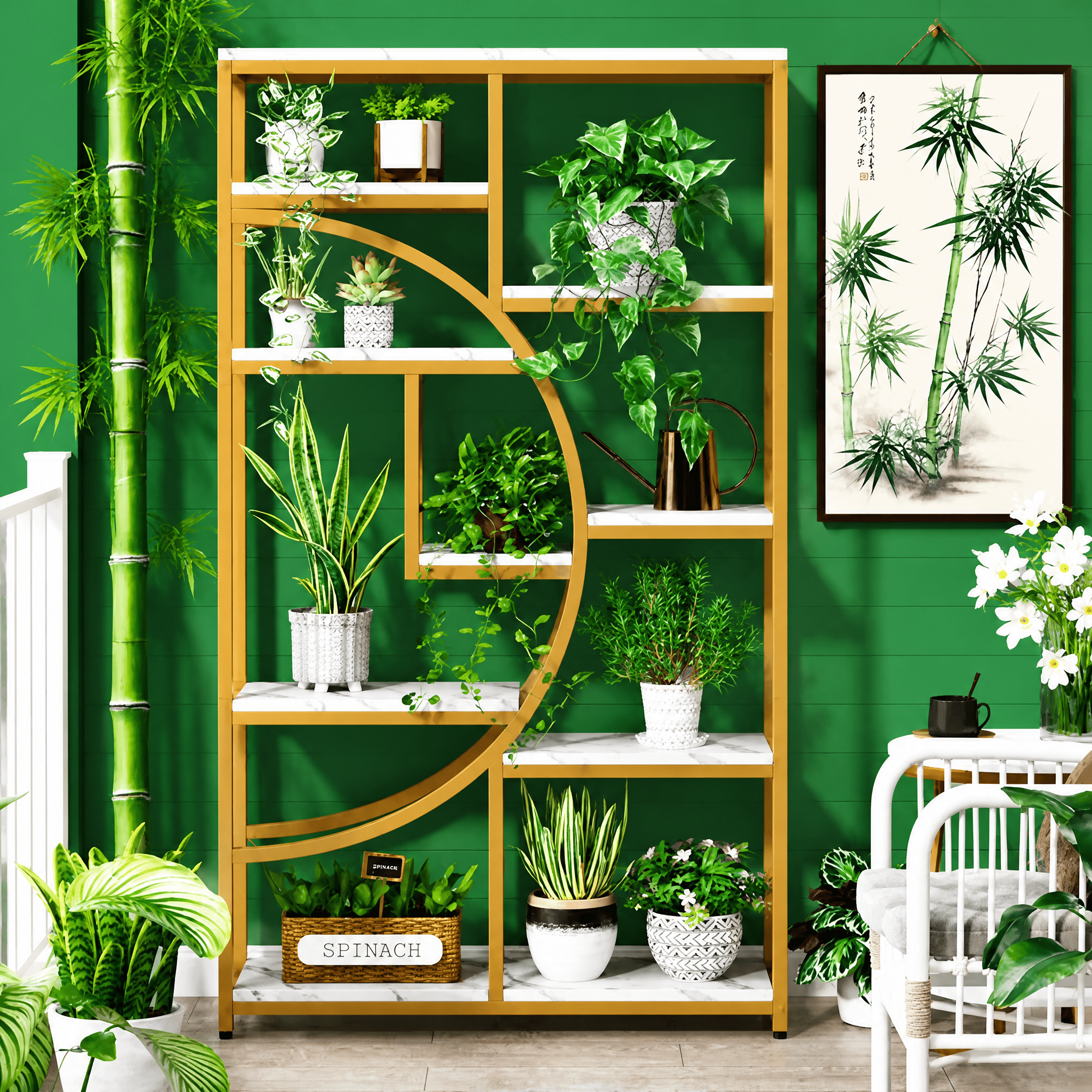 9-Tier Etagere Bookcase, Gold Metal Frame with White Marbling Boards, Half-Moon Silhouette, Industrial-Chic Design for Living Room/Home Office