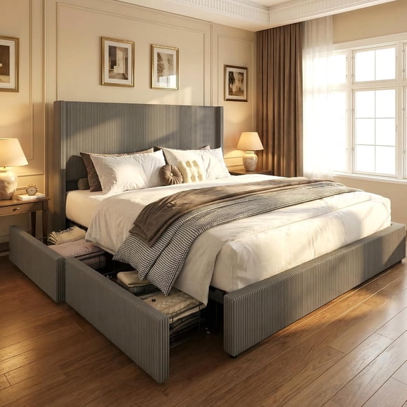 King Size Upholstered Platform Bed with Storage Drawers - Grey Corduroy Wingback Design with Tufted Headboard & Footboard, No Box Spring Needed